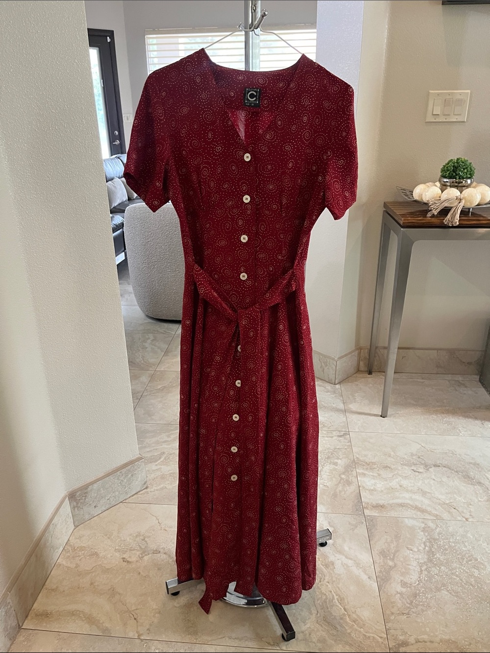 Classic Button-Front Burgundy Dress with Belt